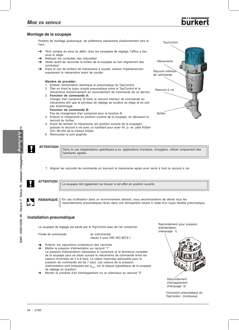 Français, Installation pneumatique montage de la soupape | Burkert Type 2700 User Manual | Page 36 / 41