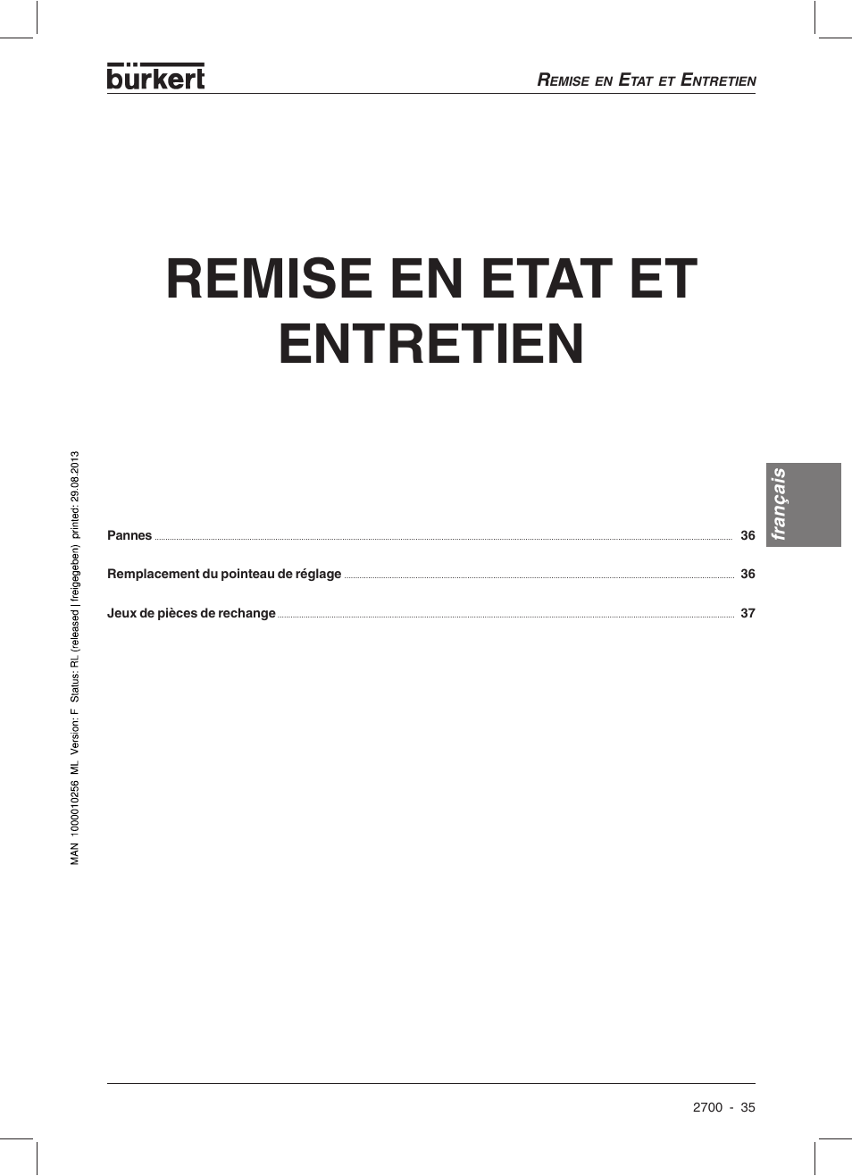 Remise en etat et entretien | Burkert Type 2700 User Manual | Page 37 / 41