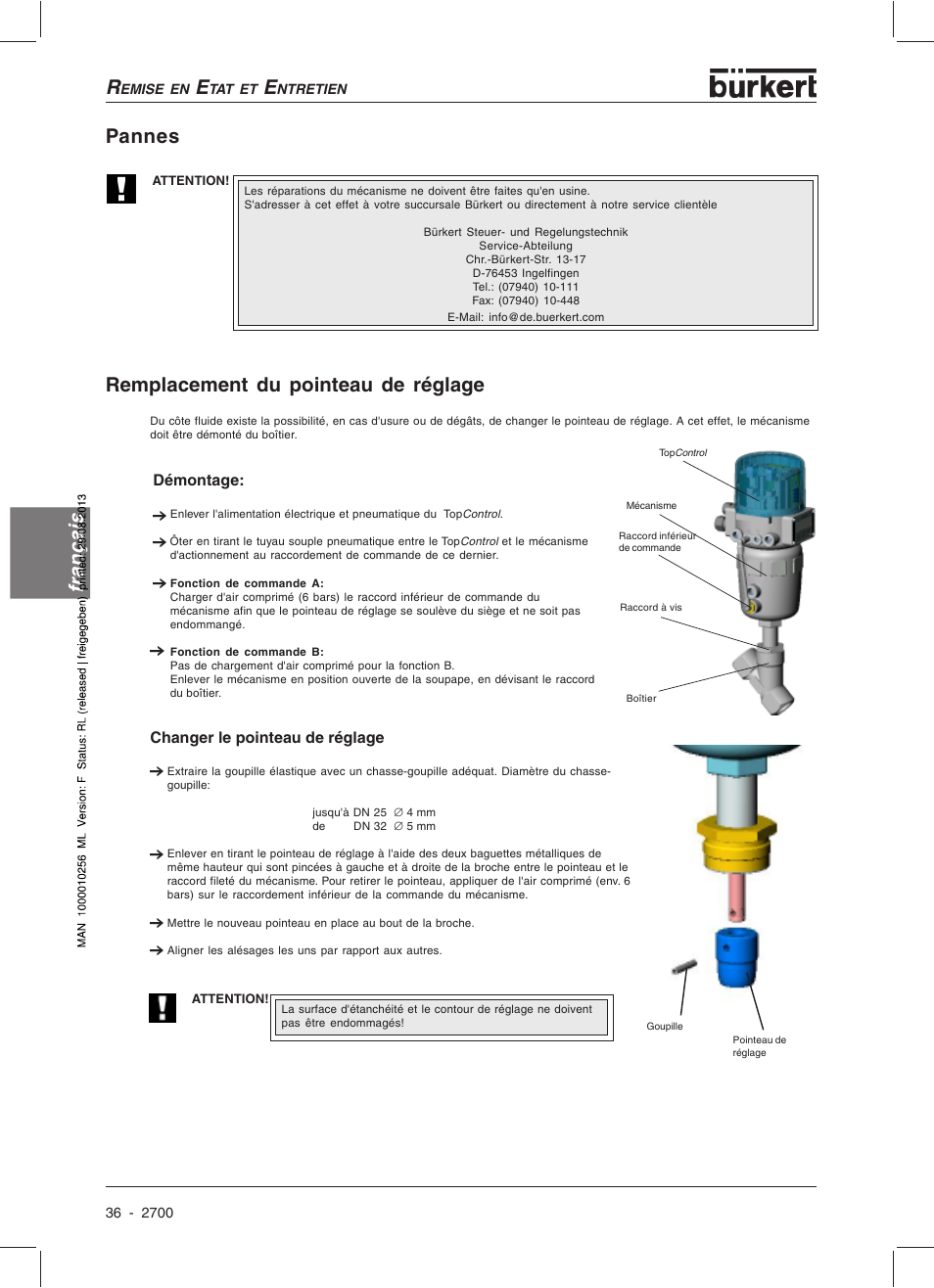 Français, Pannes remplacement du pointeau de réglage | Burkert Type 2700 User Manual | Page 38 / 41