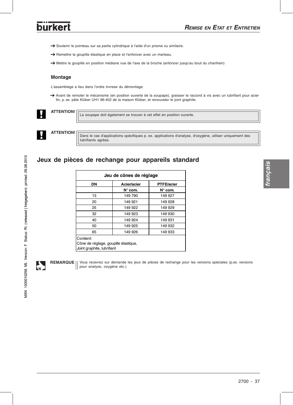 Français, Jeux de pièces de rechange pour appareils standard | Burkert Type 2700 User Manual | Page 39 / 41