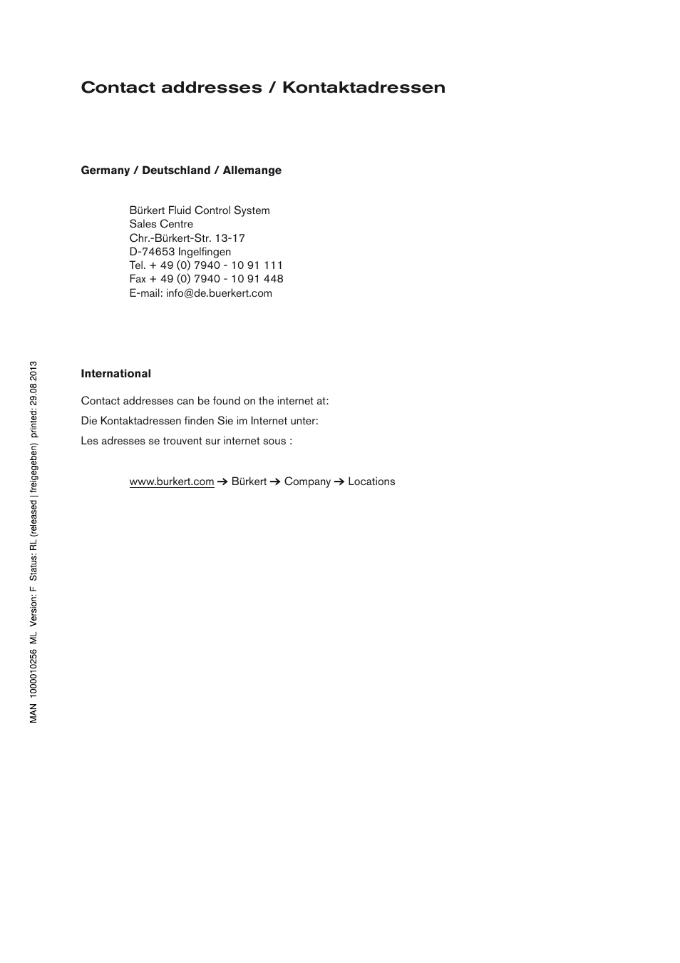 Contact addresses / kontaktadressen | Burkert Type 2700 User Manual | Page 40 / 41