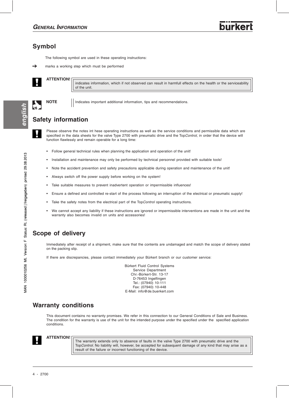 English warranty conditions, Scope of delivery, Symbol | Safety information | Burkert Type 2700 User Manual | Page 6 / 41
