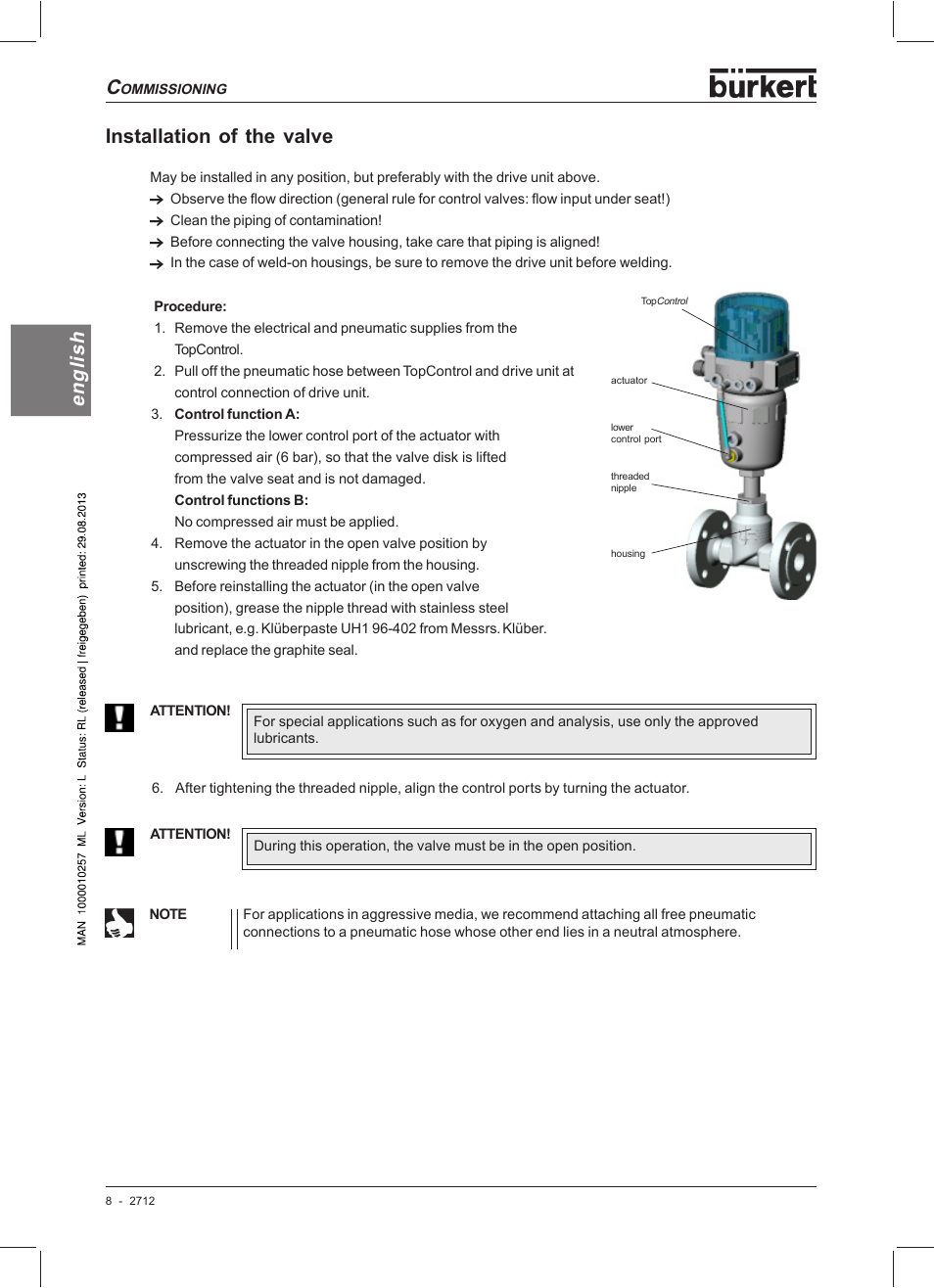 English installation of the valve | Burkert Type 2712 User Manual | Page 10 / 52