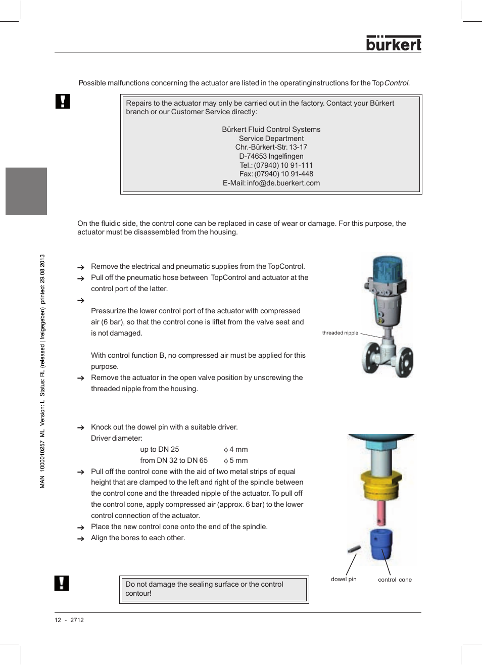 Malfunctions, Replacing the control cone | Burkert Type 2712 User Manual | Page 14 / 52