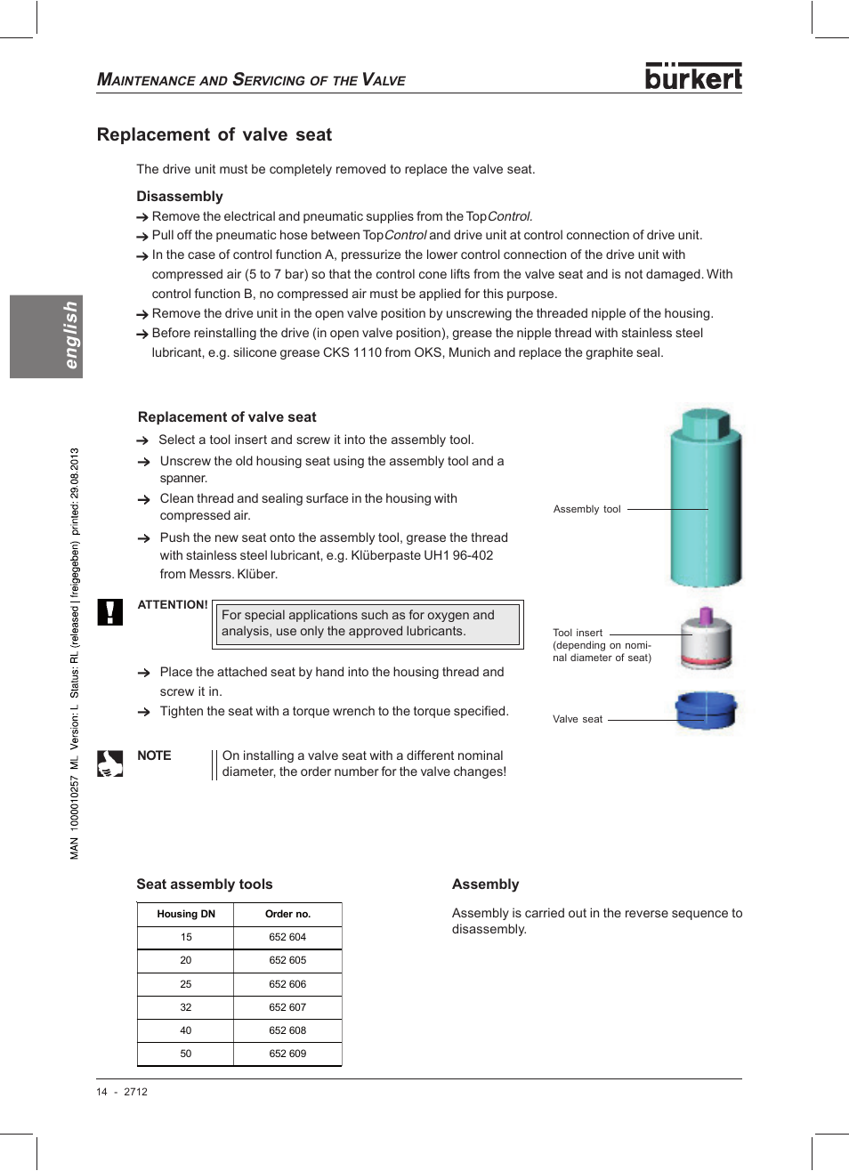 Hsi lg ne replacement of valve seat | Burkert Type 2712 User Manual | Page 16 / 52