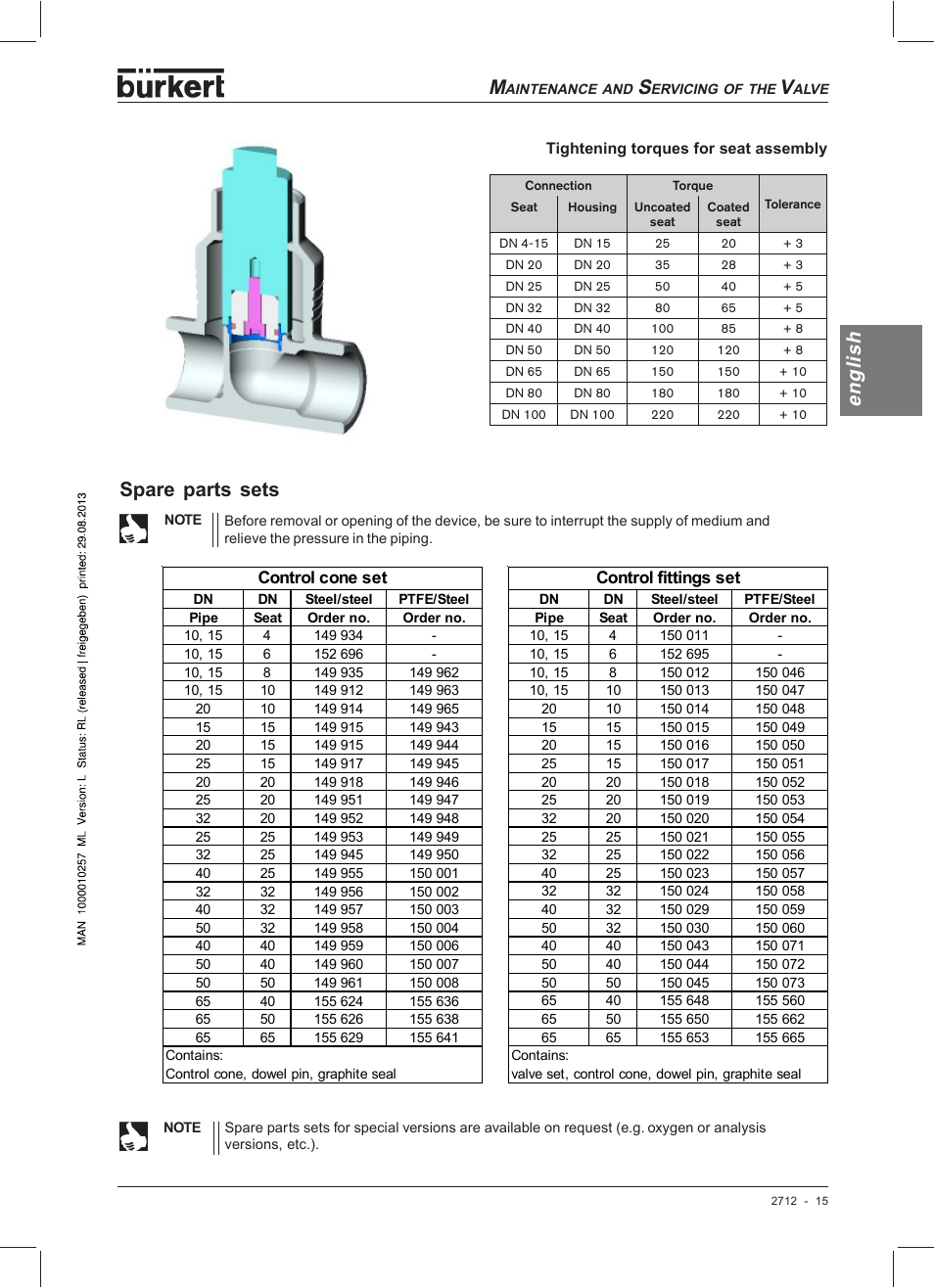 English, Spare parts sets | Burkert Type 2712 User Manual | Page 17 / 52