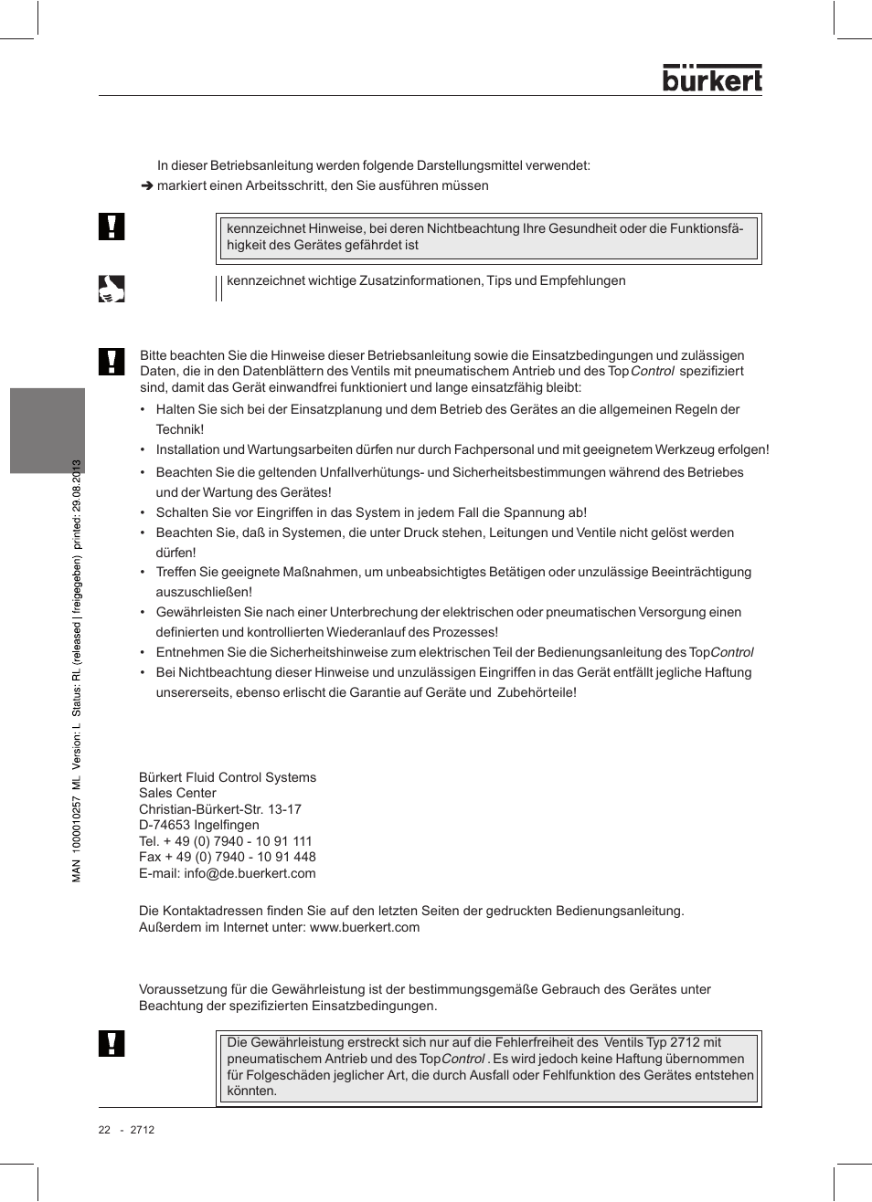 Hc st u e d, Darstellungsmittel, Sicherheitshinweise | Kontaktadressen gewährleistung | Burkert Type 2712 User Manual | Page 22 / 52