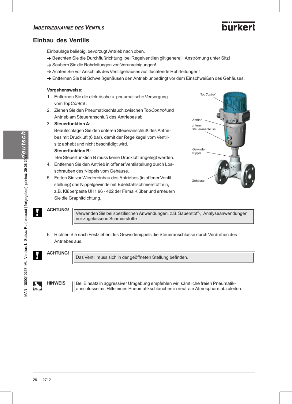 Deutsch, Einbau des ventils | Burkert Type 2712 User Manual | Page 26 / 52