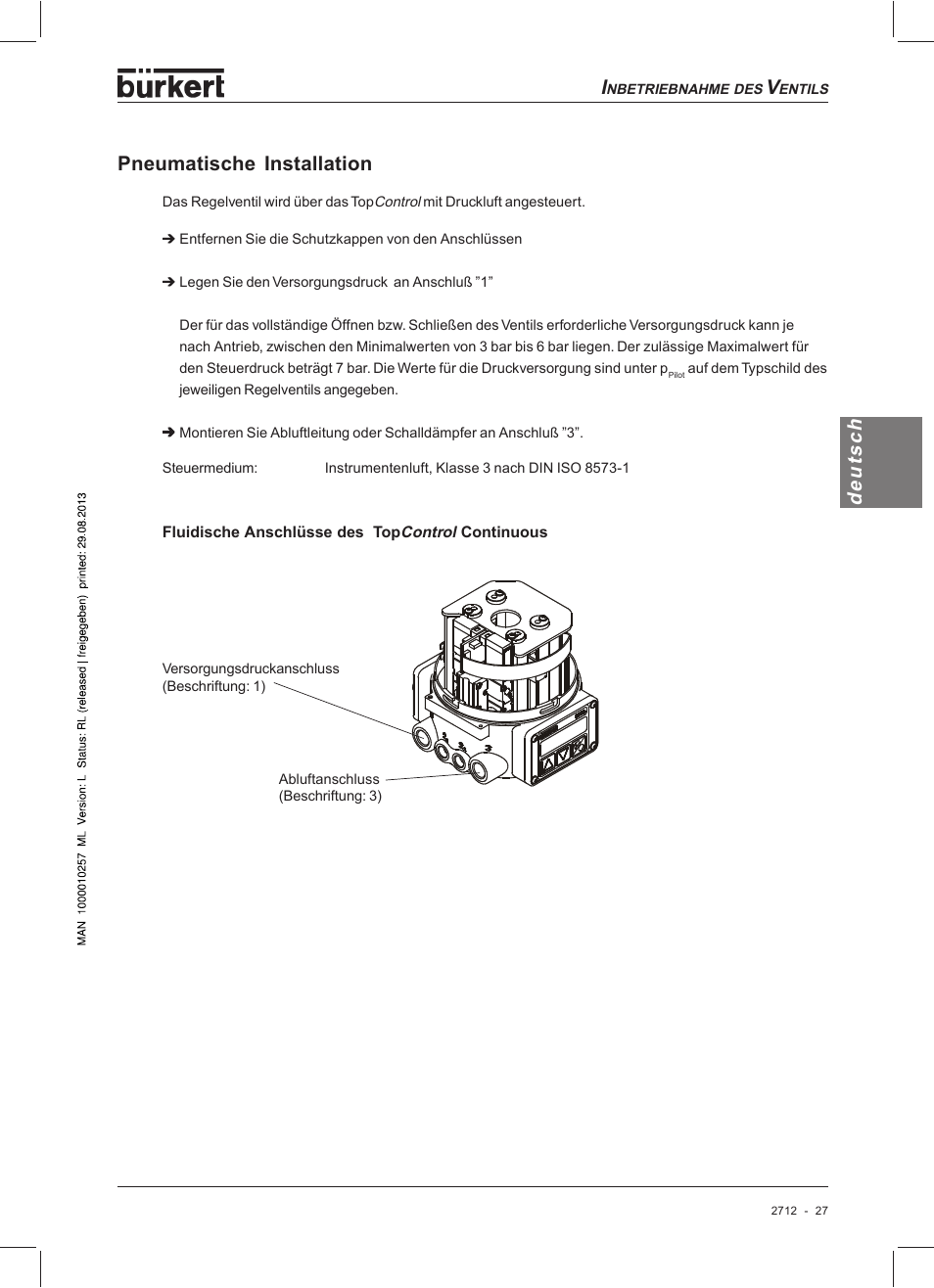 Deutsch, Pneumatische installation | Burkert Type 2712 User Manual | Page 27 / 52