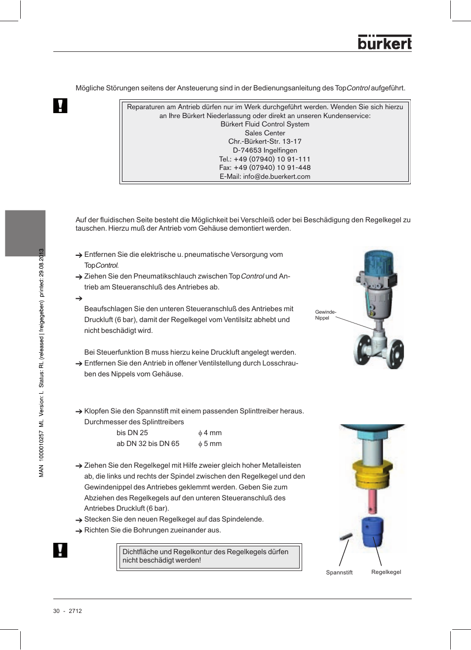 Störungen, Austausch des regelkegels | Burkert Type 2712 User Manual | Page 30 / 52