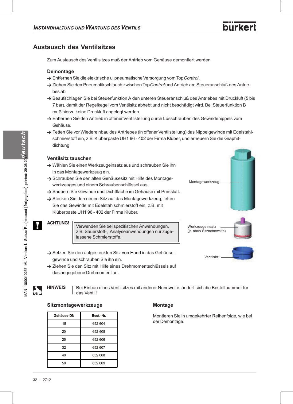 Hc st ue d hc st ue d austausch des ventilsitzes | Burkert Type 2712 User Manual | Page 32 / 52