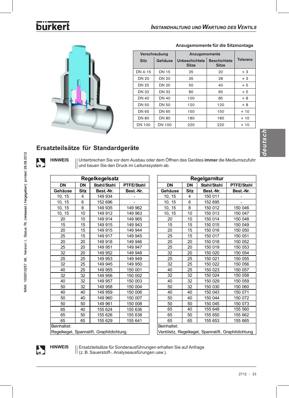 Deutsch deutsch, Ersatzteilsätze für standardgeräte | Burkert Type 2712 User Manual | Page 33 / 52