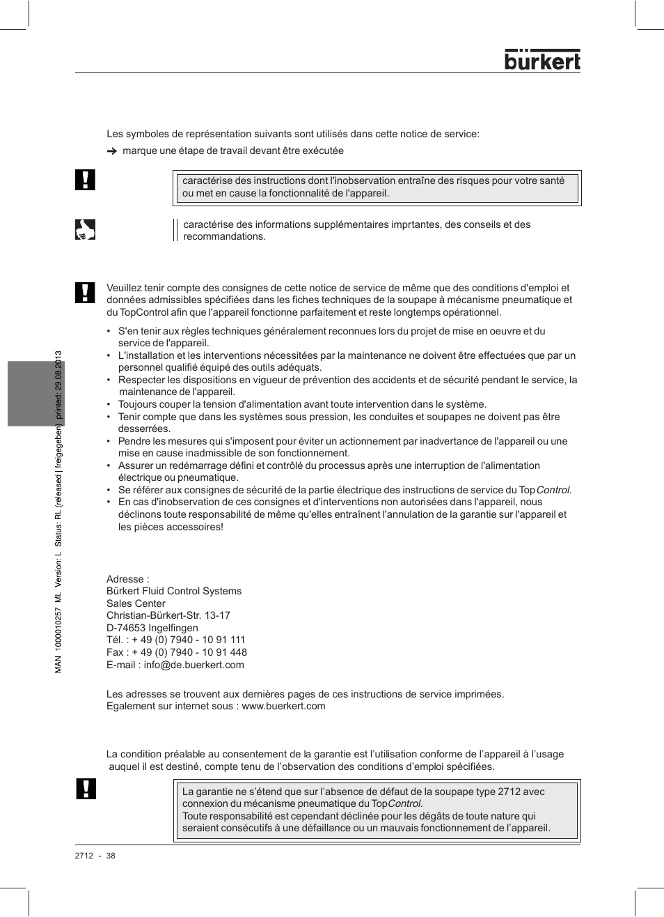 Représentation, Consignes de sécurité adresses garantie légale | Burkert Type 2712 User Manual | Page 38 / 52
