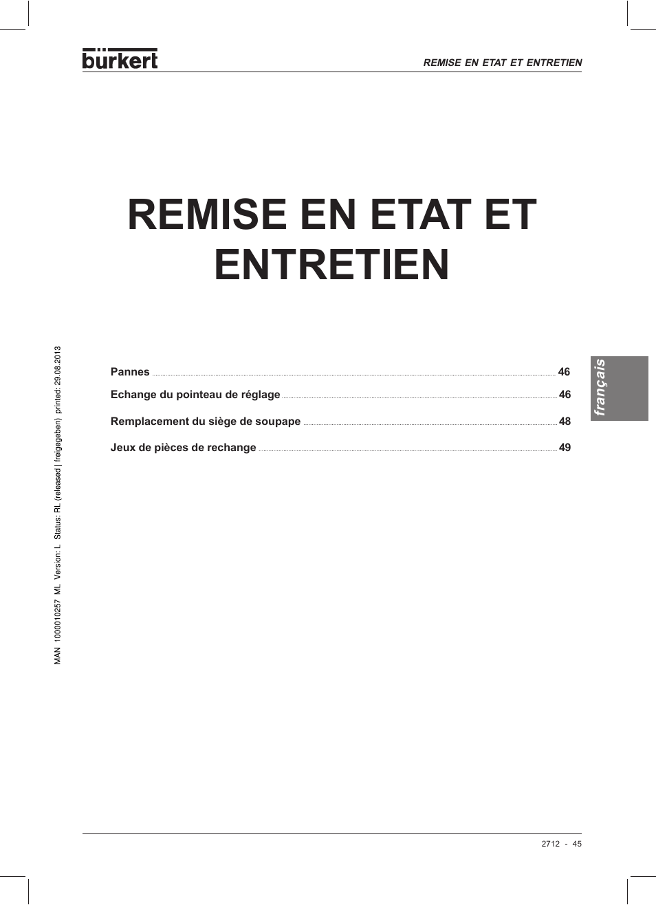 Remise en etat et entretien | Burkert Type 2712 User Manual | Page 45 / 52