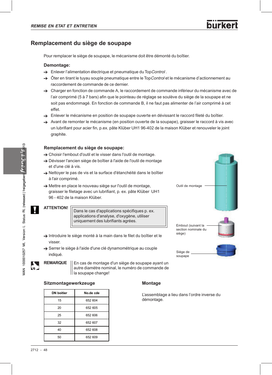 Si aç na rf remplacement du siège de soupape | Burkert Type 2712 User Manual | Page 48 / 52