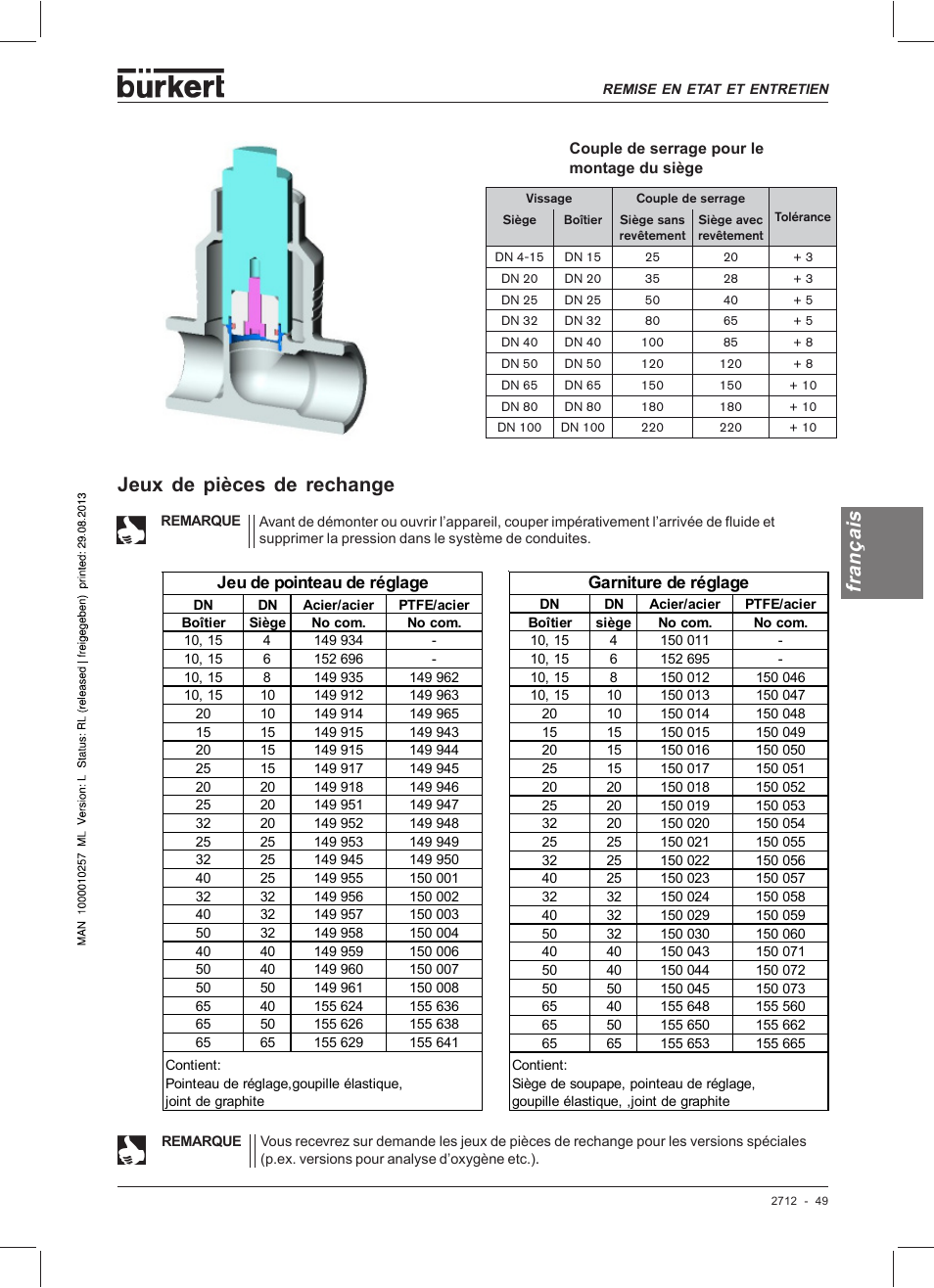 Français, Jeux de pièces de rechange | Burkert Type 2712 User Manual | Page 49 / 52
