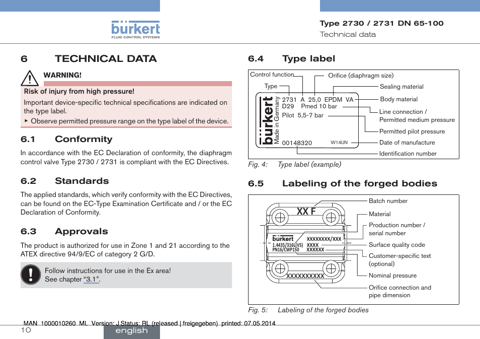 6 technical data, Xx f, 6technical data | Burkert Type 2731 User Manual | Page 10 / 78