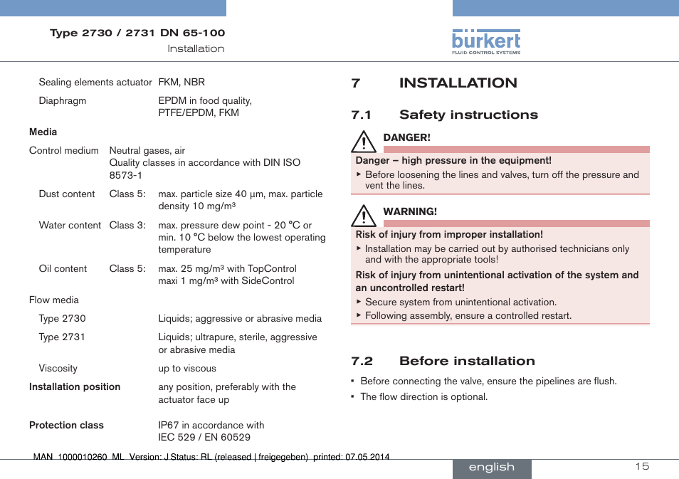 7 installation, 1 safety instructions 7.2 before installation, 7installation | Burkert Type 2731 User Manual | Page 15 / 78