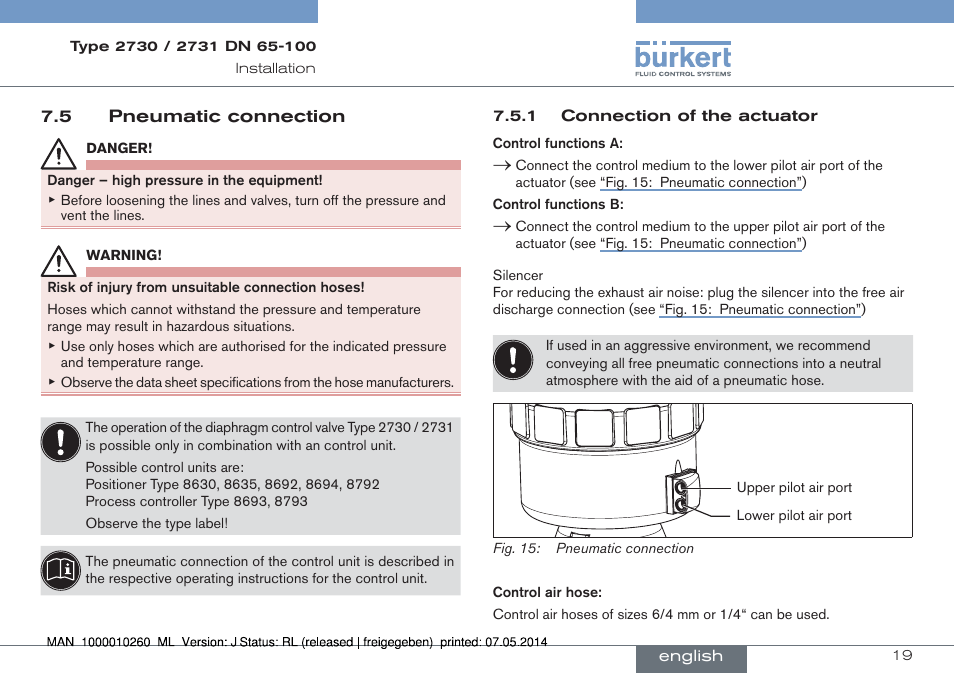 5 pneumatic connection | Burkert Type 2731 User Manual | Page 19 / 78