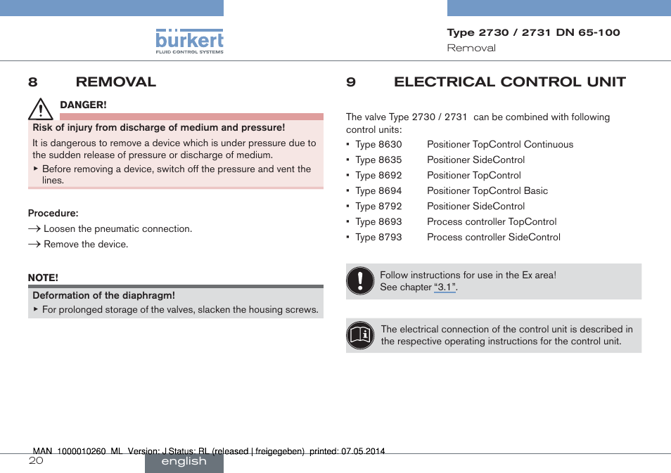 8 removal, 9 electrical control unit, 8removal | 9electrical control unit | Burkert Type 2731 User Manual | Page 20 / 78
