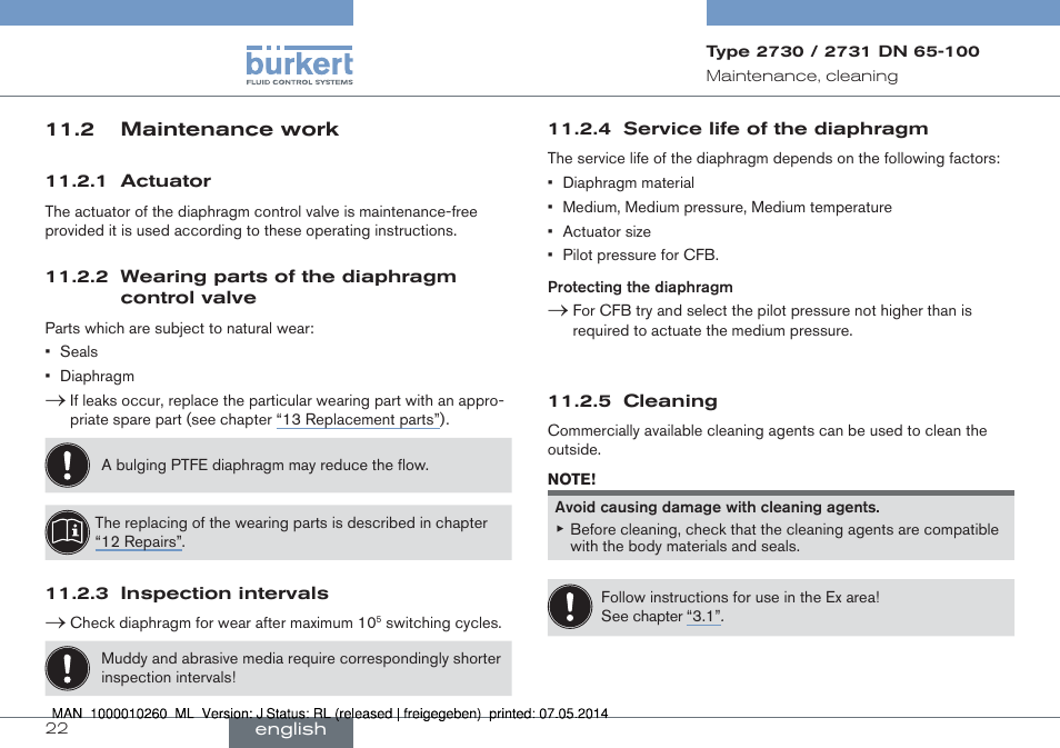 2 maintenance work | Burkert Type 2731 User Manual | Page 22 / 78