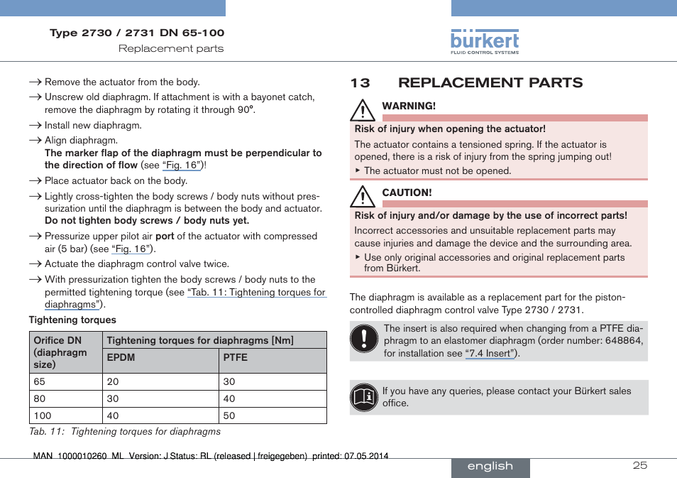 13 replacement parts | Burkert Type 2731 User Manual | Page 25 / 78