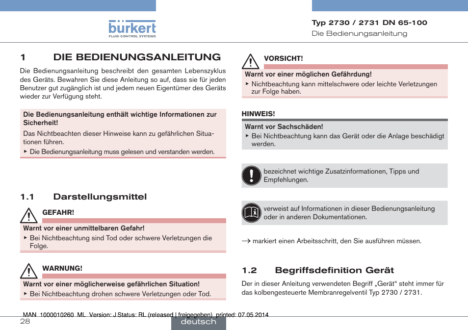 1 die bedienungsanleitung, 1 darstellungsmittel 1.2 begriffsdefinition gerät, 1die bedienungsanleitung | Burkert Type 2731 User Manual | Page 28 / 78