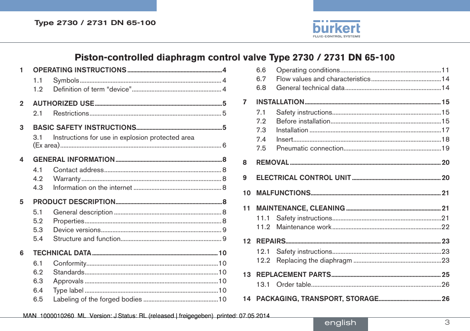 English | Burkert Type 2731 User Manual | Page 3 / 78
