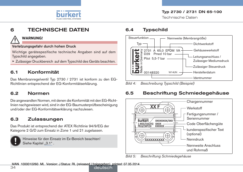 6 technische daten, Xx f, 6technische daten | Burkert Type 2731 User Manual | Page 34 / 78