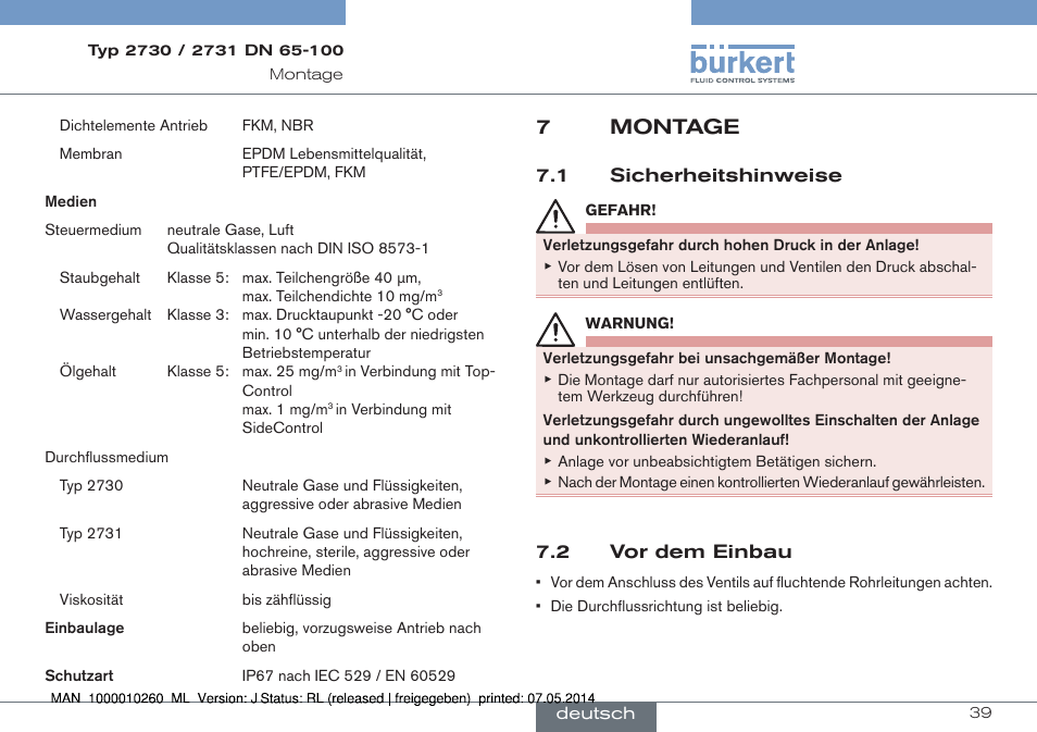 7 montage, 1 sicherheitshinweise 7.2 vor dem einbau, 7montage | Burkert Type 2731 User Manual | Page 39 / 78