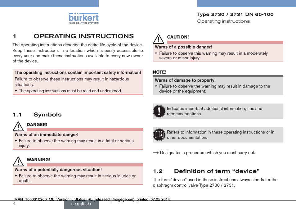 1 operating instructions, 1 symbols 1.2 definition of term “device, 1operating instructions | Burkert Type 2731 User Manual | Page 4 / 78
