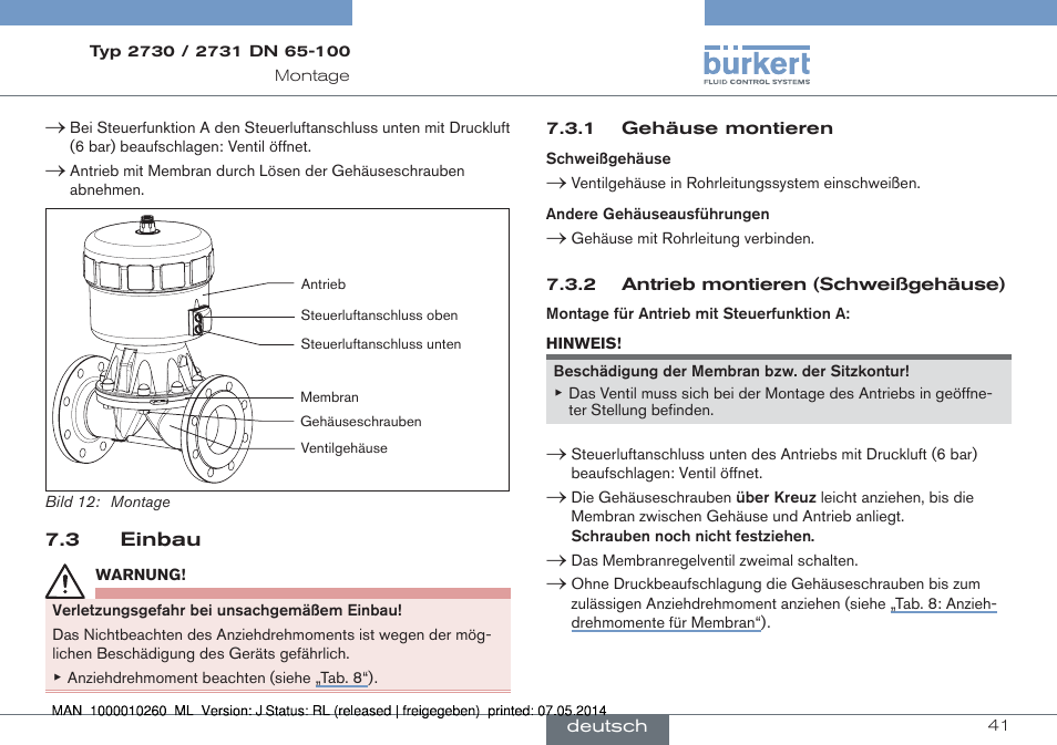 3 einbau | Burkert Type 2731 User Manual | Page 41 / 78