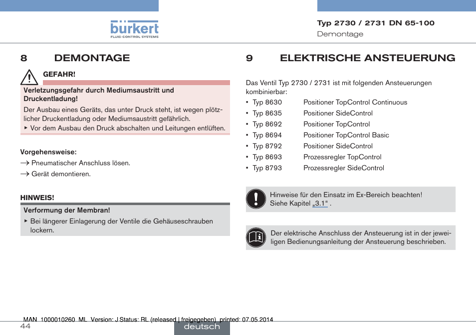 8 demontage, 9 elektrische ansteuerung, 8demontage | 9elektrische ansteuerung | Burkert Type 2731 User Manual | Page 44 / 78