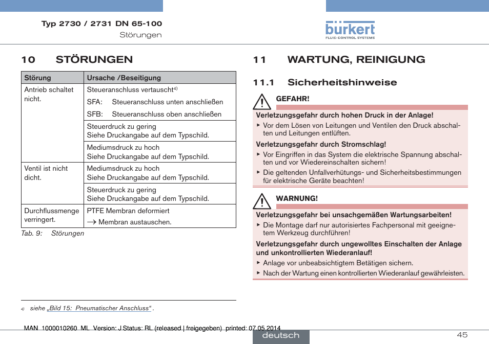 10 störungen, 11 wartung, reinigung, 1 sicherheitshinweise | Burkert Type 2731 User Manual | Page 45 / 78