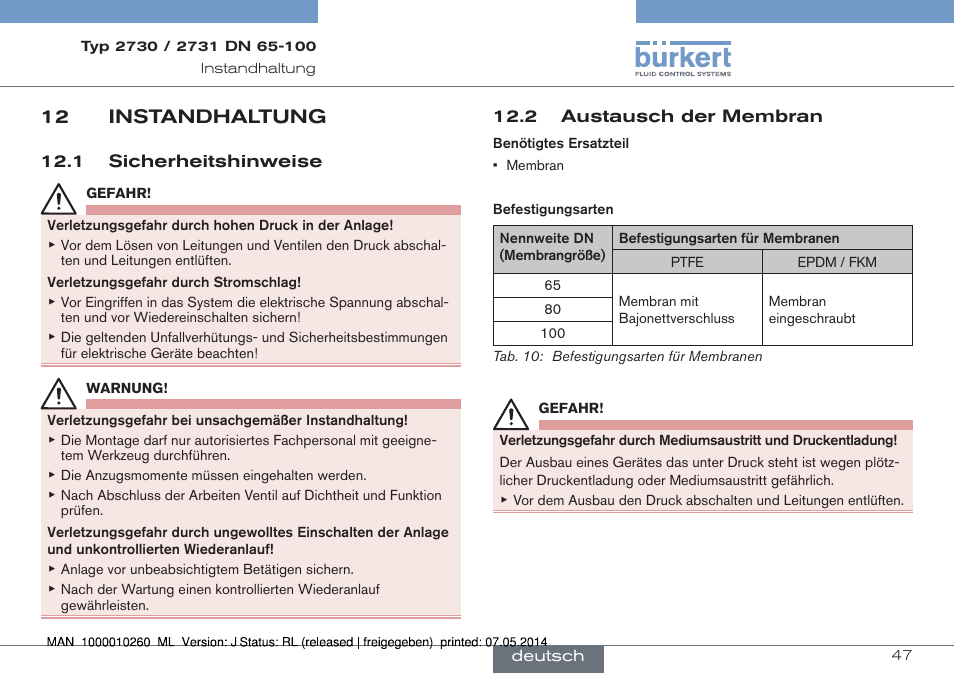 12 instandhaltung, 1 sicherheitshinweise 12.2 austausch der membran | Burkert Type 2731 User Manual | Page 47 / 78