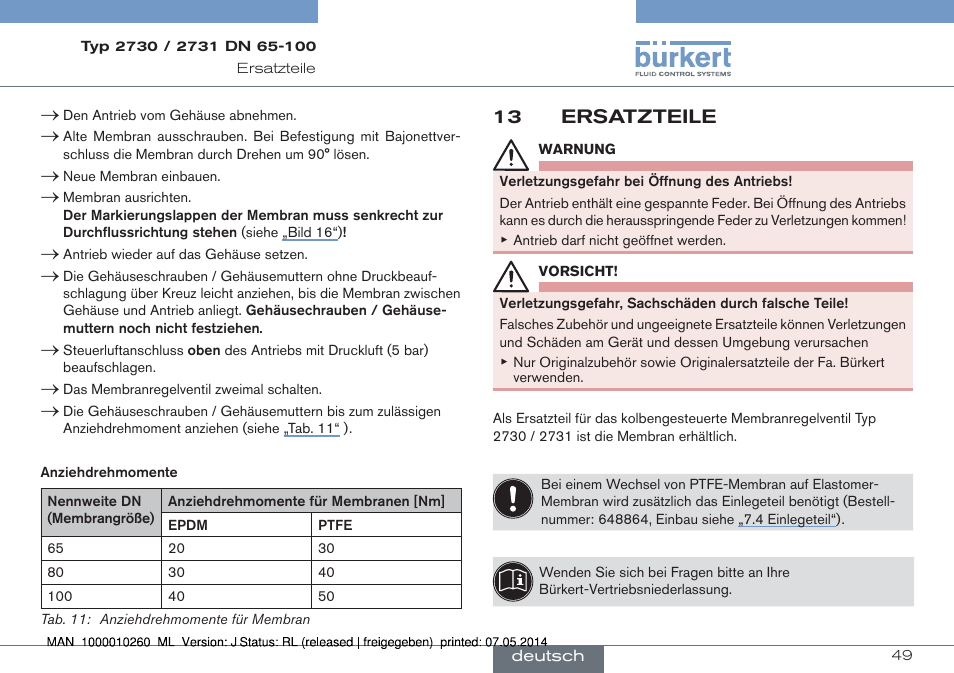 13 ersatzteile | Burkert Type 2731 User Manual | Page 49 / 78