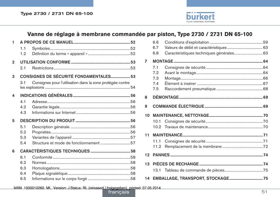 Français | Burkert Type 2731 User Manual | Page 51 / 78