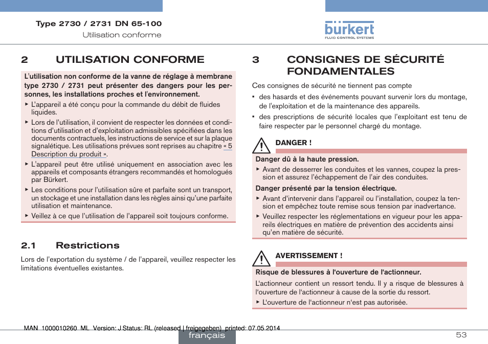 2 utilisation conforme, 1 restrictions, 3 consignes de sécurité fondamentales | 2utilisation conforme, 3consignes de sécurité fondamentales | Burkert Type 2731 User Manual | Page 53 / 78
