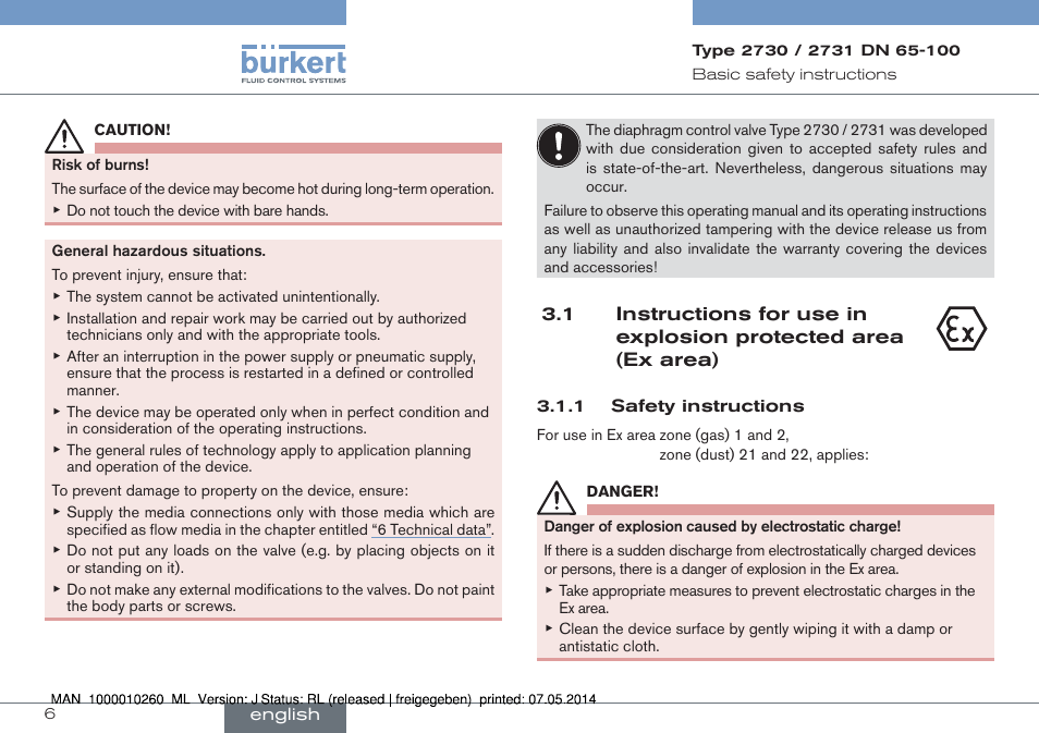 1 instructions for use in explosion protected area, Ex area) | Burkert Type 2731 User Manual | Page 6 / 78