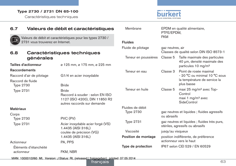 Valeurs de débit et caractéristiques, 8 caractéristiques techniques générales | Burkert Type 2731 User Manual | Page 63 / 78