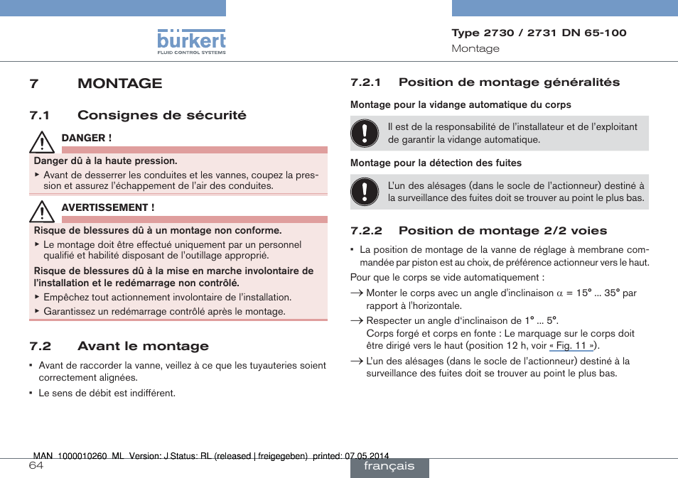 7 montage, 1 consignes de sécurité 7.2 avant le montage, 7montage | Burkert Type 2731 User Manual | Page 64 / 78