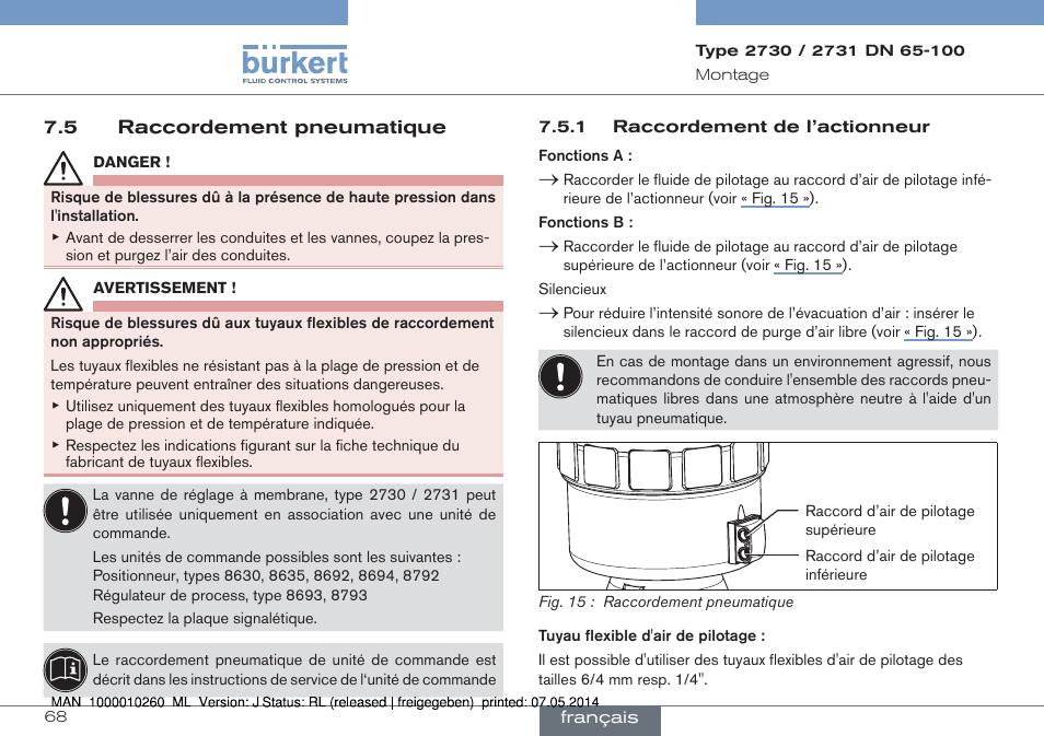 5 raccordement pneumatique | Burkert Type 2731 User Manual | Page 68 / 78