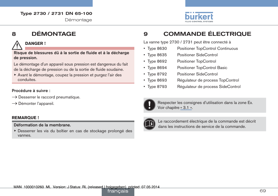 8 démontage, 9 commande électrique, 8démontage | 9commande électrique | Burkert Type 2731 User Manual | Page 69 / 78