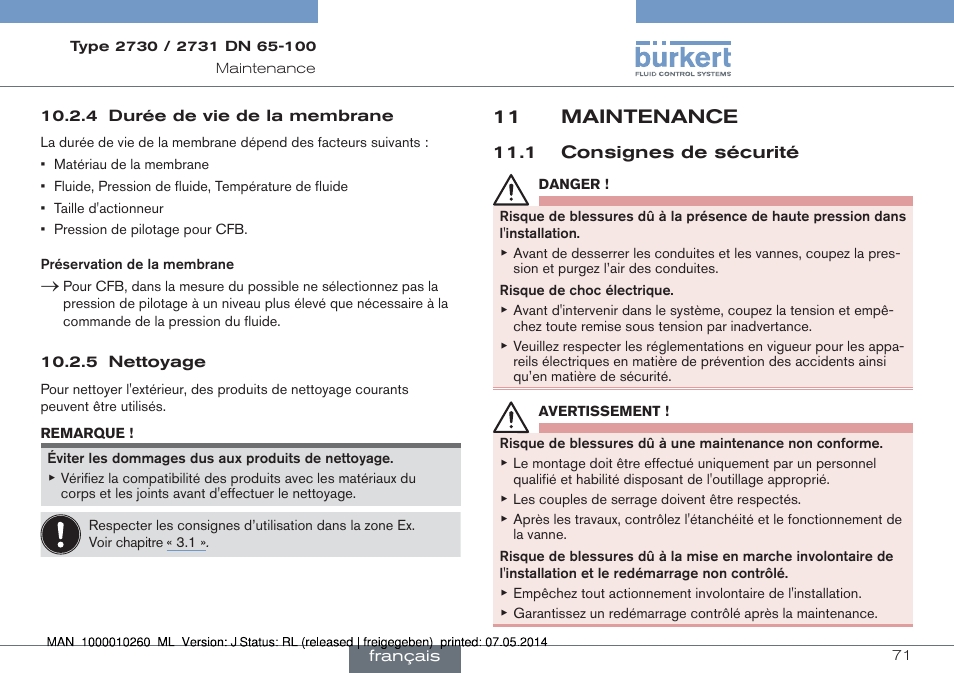 11 maintenance, 1 consignes de sécurité | Burkert Type 2731 User Manual | Page 71 / 78