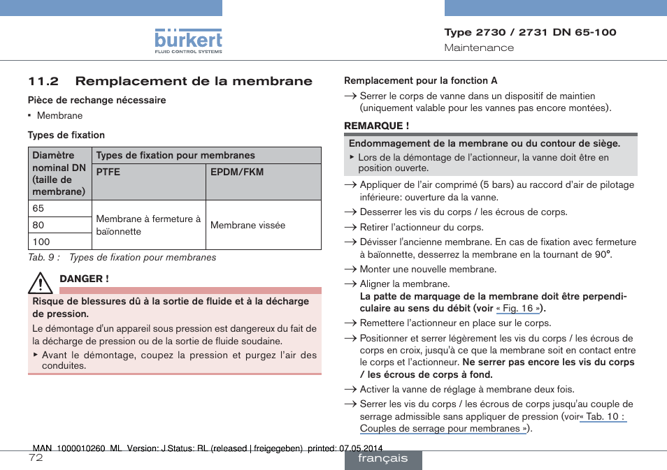2 remplacement de la membrane | Burkert Type 2731 User Manual | Page 72 / 78