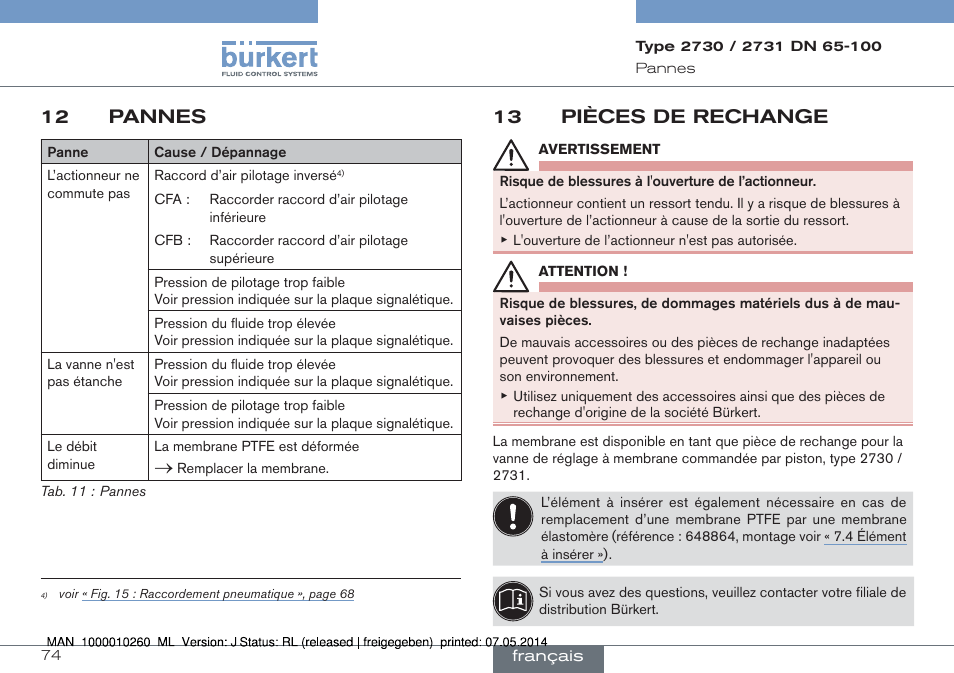 12 pannes, 13 pièces de rechange | Burkert Type 2731 User Manual | Page 74 / 78