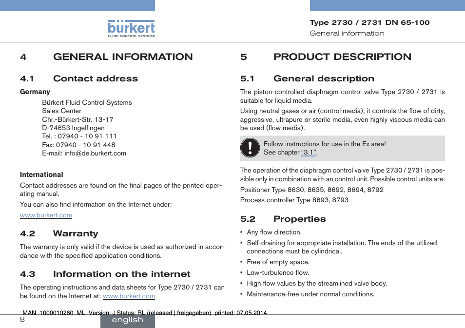 4 general information, 5 product description, 1 general description 5.2 properties | Burkert Type 2731 User Manual | Page 8 / 78