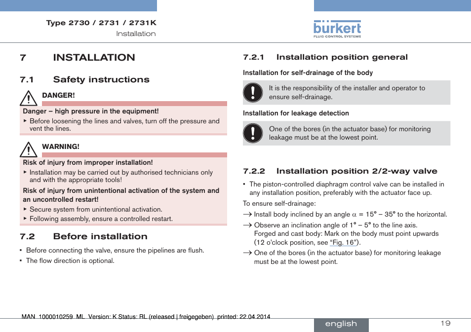 7 installation, 1 safety instructions 7.2 before installation, 7installation | Burkert Type 2731 User Manual | Page 19 / 88