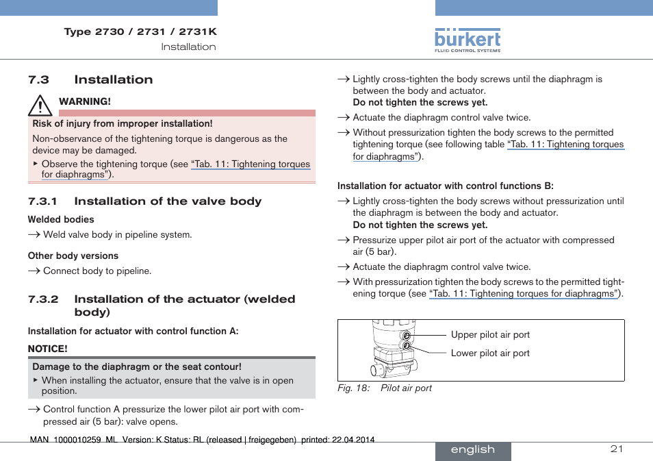 3 installation | Burkert Type 2731 User Manual | Page 21 / 88
