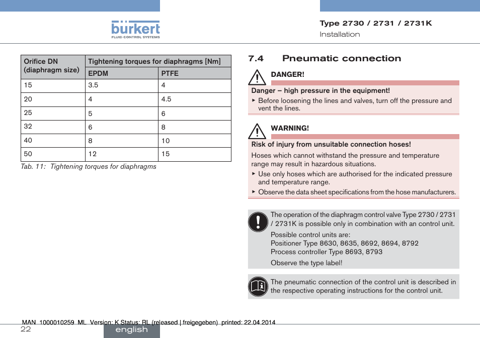 4 pneumatic connection, For diaphragms | Burkert Type 2731 User Manual | Page 22 / 88